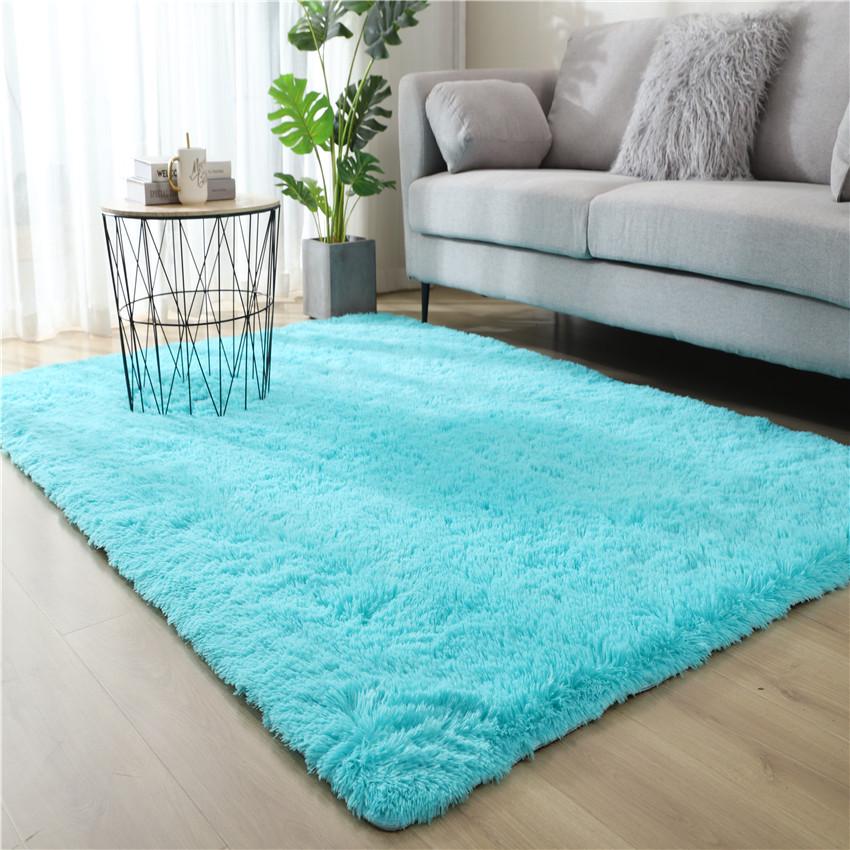 Long Pile Silk Wool Carpet - Full Coverage Bedroom and Living Room Rug, Solid Color