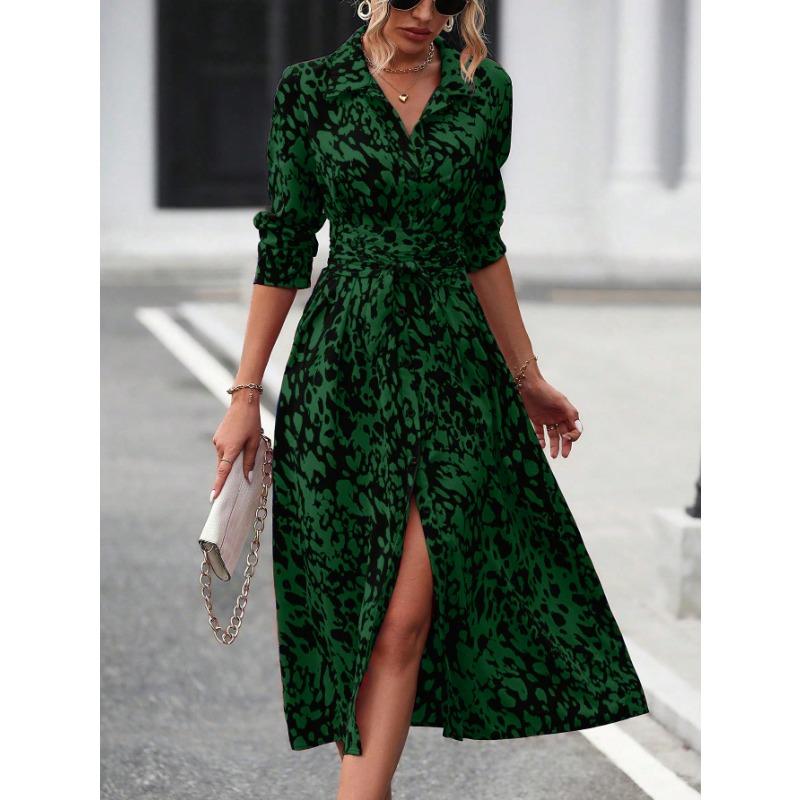 Women's Printed Long Sleeve Shirt Dress with Waist Tie and Button Front