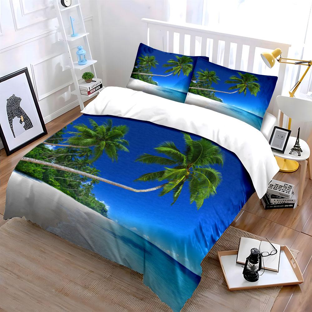 Palm Trees Beach Blue Sky White Sand Bedding Set For Kids Luxury Gift 3Pcs Digital Print Comforter Set Soft Comfortable