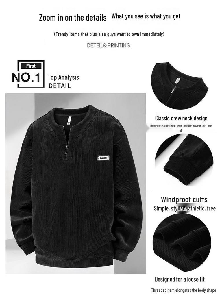 350 Jin Plus Size Men's Fleece-Lined Sweatshirt, Thick Long Sleeve, Autumn/Winter, Extra Large Loose Base Layer