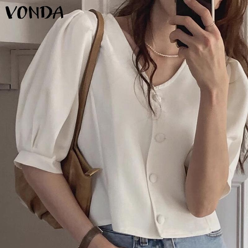 

VONDA Летние женские однотонные топы с фонариками и короткими рукавами