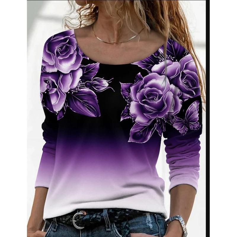 Women's Floral Print Gradient Long Sleeve Top Casual Crew Neck 3D Rose Print Tunic Shirt