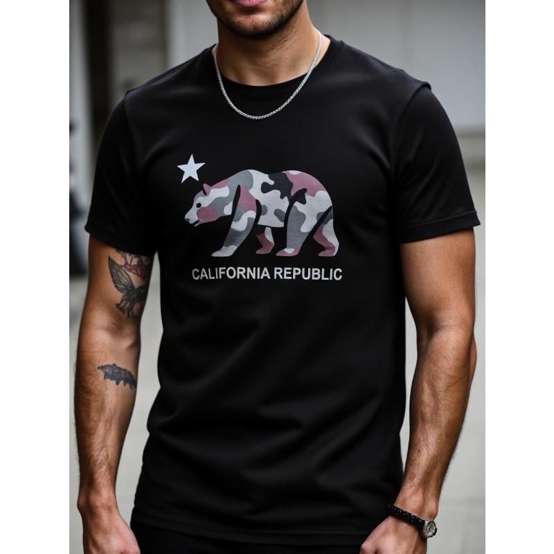 Bear Print T-Shirt, Soft-Face Printed T-Shirt, Men s Casual T-Shirt, California Republic Bear Graphic Print T-Shirt, Men s Casual Short-Sleeve Top S