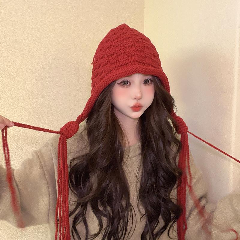 Autumn and Winter Tassel Wool Hat Cute Bag Head Ear Protection Hat Women Korean Version Versatile Knitted Hat Sweet Handmade Warm Hat