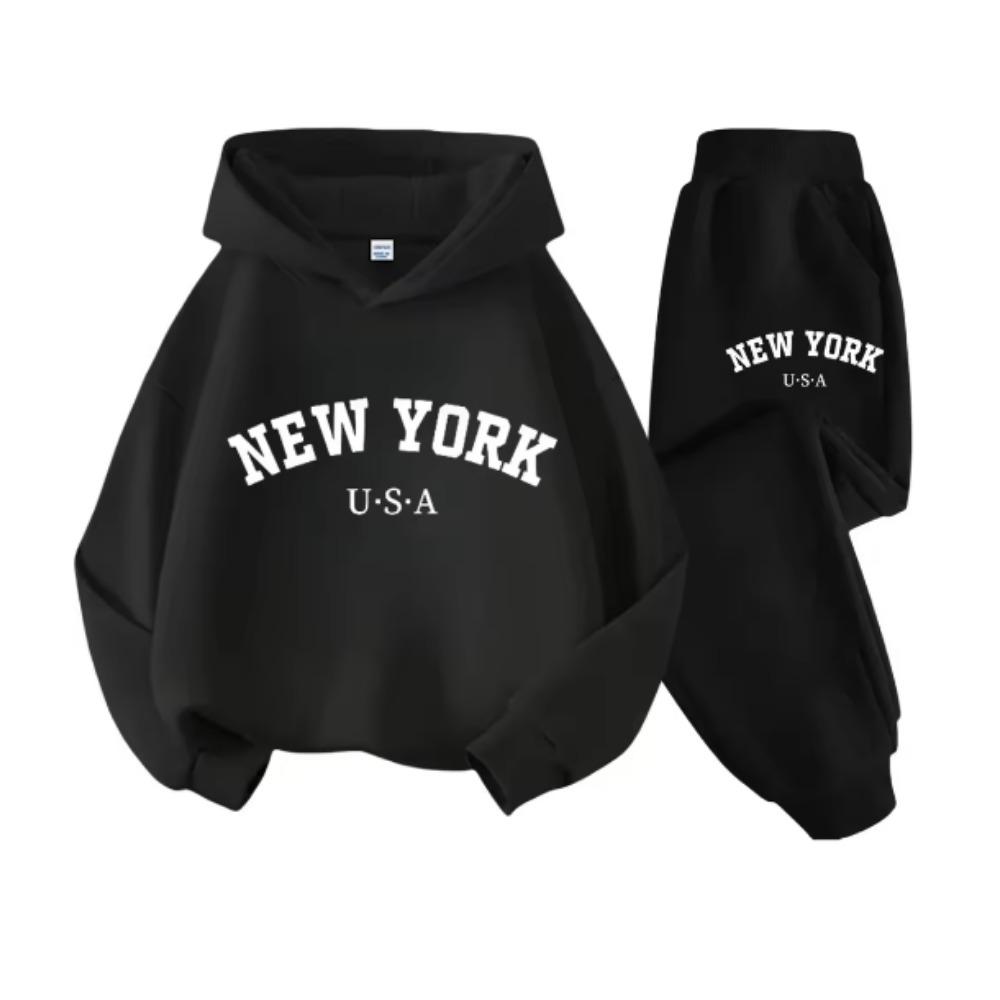 Children's Letter Print Boys and Girls Hooded Suit Autumn and Winter Long-sleeved Sweatshirt + Pants Sweatshirt Two-piece Set