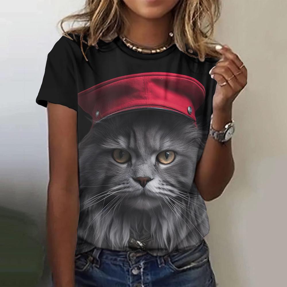 Cool Animal Women's Short Sleeve Round Neck T-Shirt Summer Outdoor Casual Tops Cat Printed