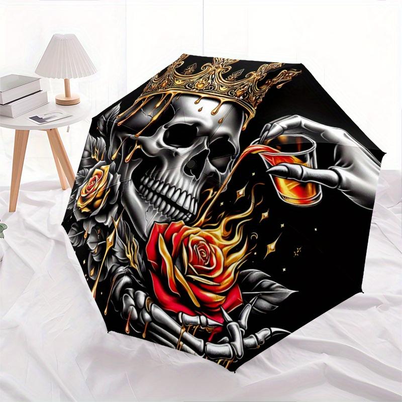 

1pc Golden Crowned Skull with Roses Pattern Beautiful Looking Automatic Folding Umbrella, 3 Folding, 8 Iron Frame Design, Durable and Suitable for Tra