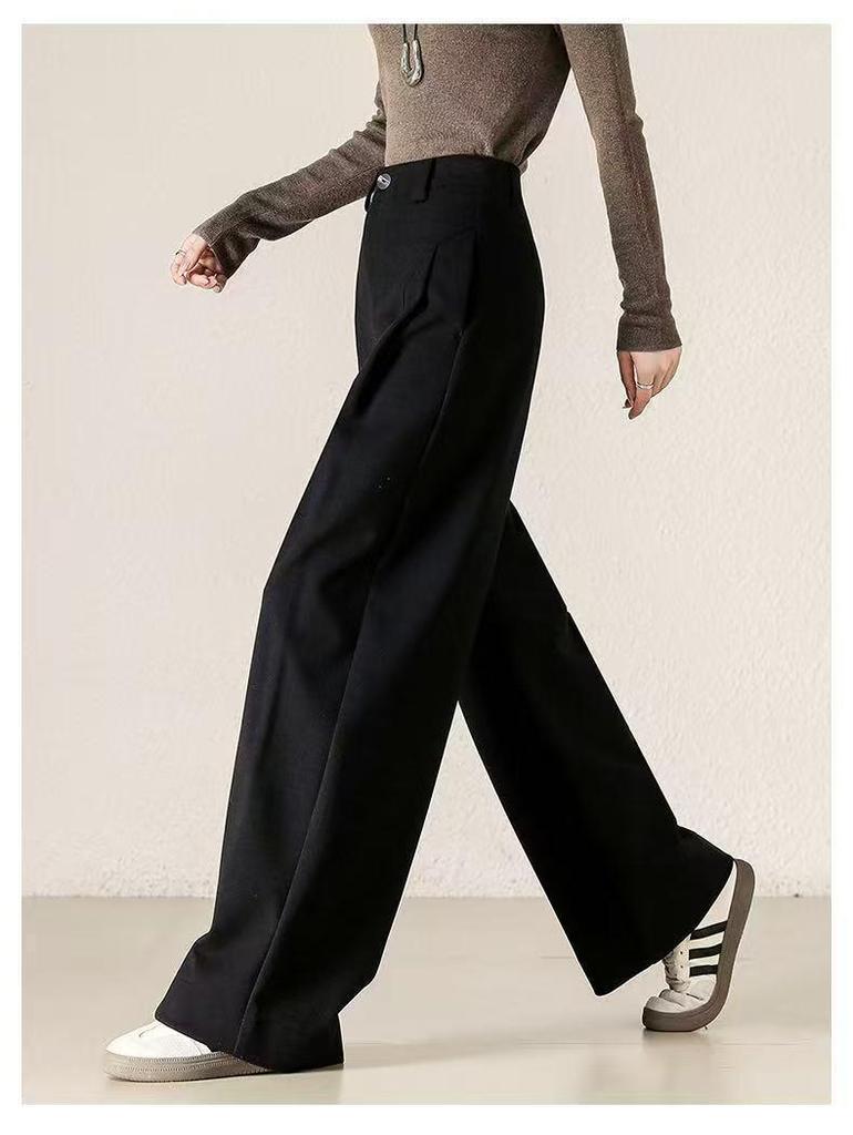 Women's Thick Woolen Bass Pants - Soft, Casual, Loose, Straight-Leg, Slimming, Wide-Leg for Autumn and Winter.