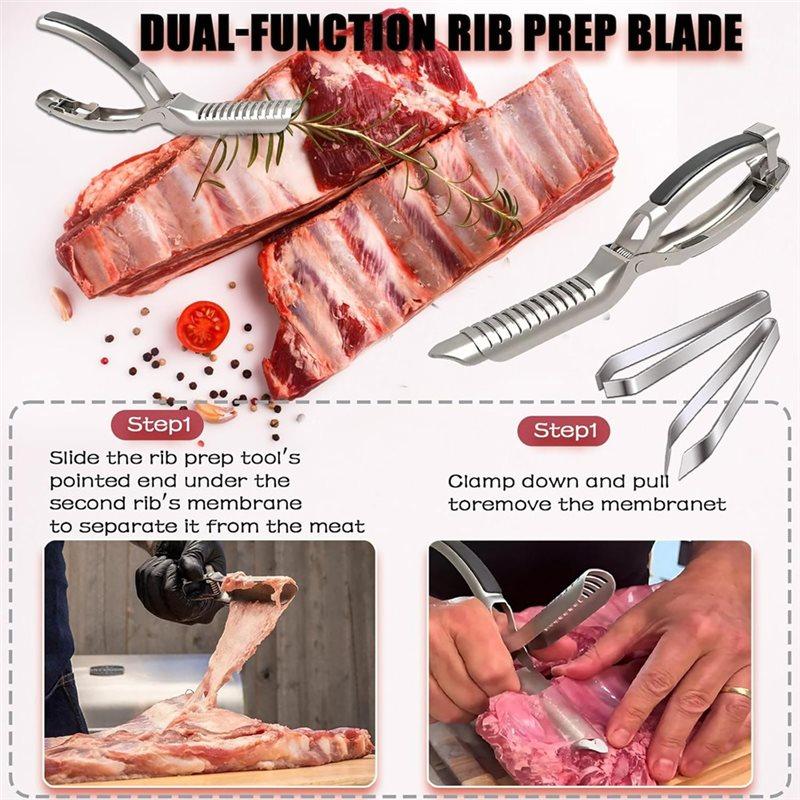 ABBP-2 Stück Rippenhautentfernungswerkzeuge, Rippenvorbereitungswerkzeug, Edelstahl-BBQ-Rippenschäler Mit 2 Stück Pinzette und Handschuhen