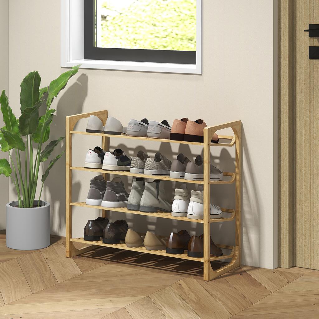 Bamboo Shoe Rack, 15.5 Cm Shelf Height, Ventilated Slat Design, 76 X 33 X 67 Cm, Natural Wood Effect