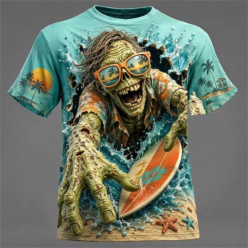 Horror Zombie Print T Shirt For Men Hip Hop Trend Harajuku Halloween Party Clothing Casual O-neck Loose Short Sleeve Tees