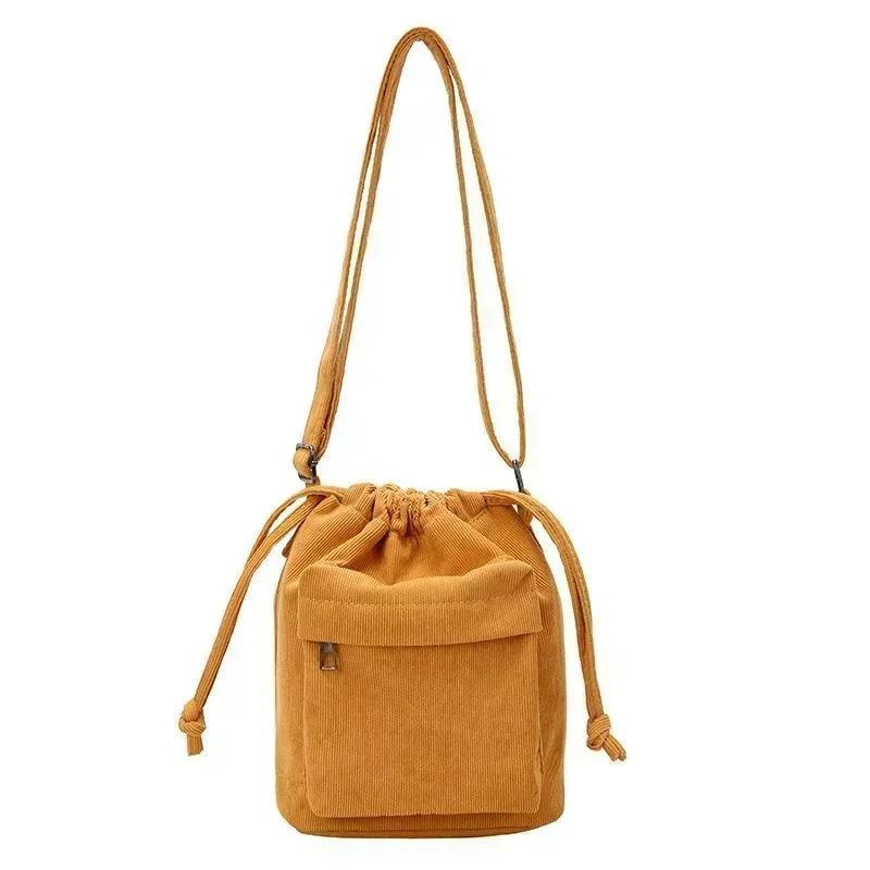 1Pcs New Corduroy Drawstring Drawstring Bag for Women Fashionable Retro Versatile Student Crossbody Bag Simple Canvas Bucket Bag