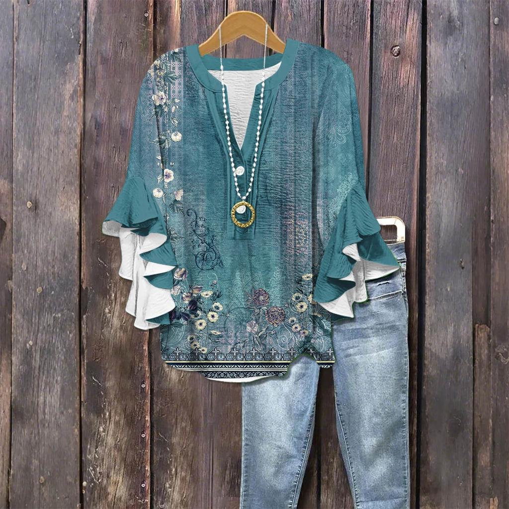 Modă Femei Casual Buton Gât V Mânecă Șapte Bluză Top Imprimeu Vintage