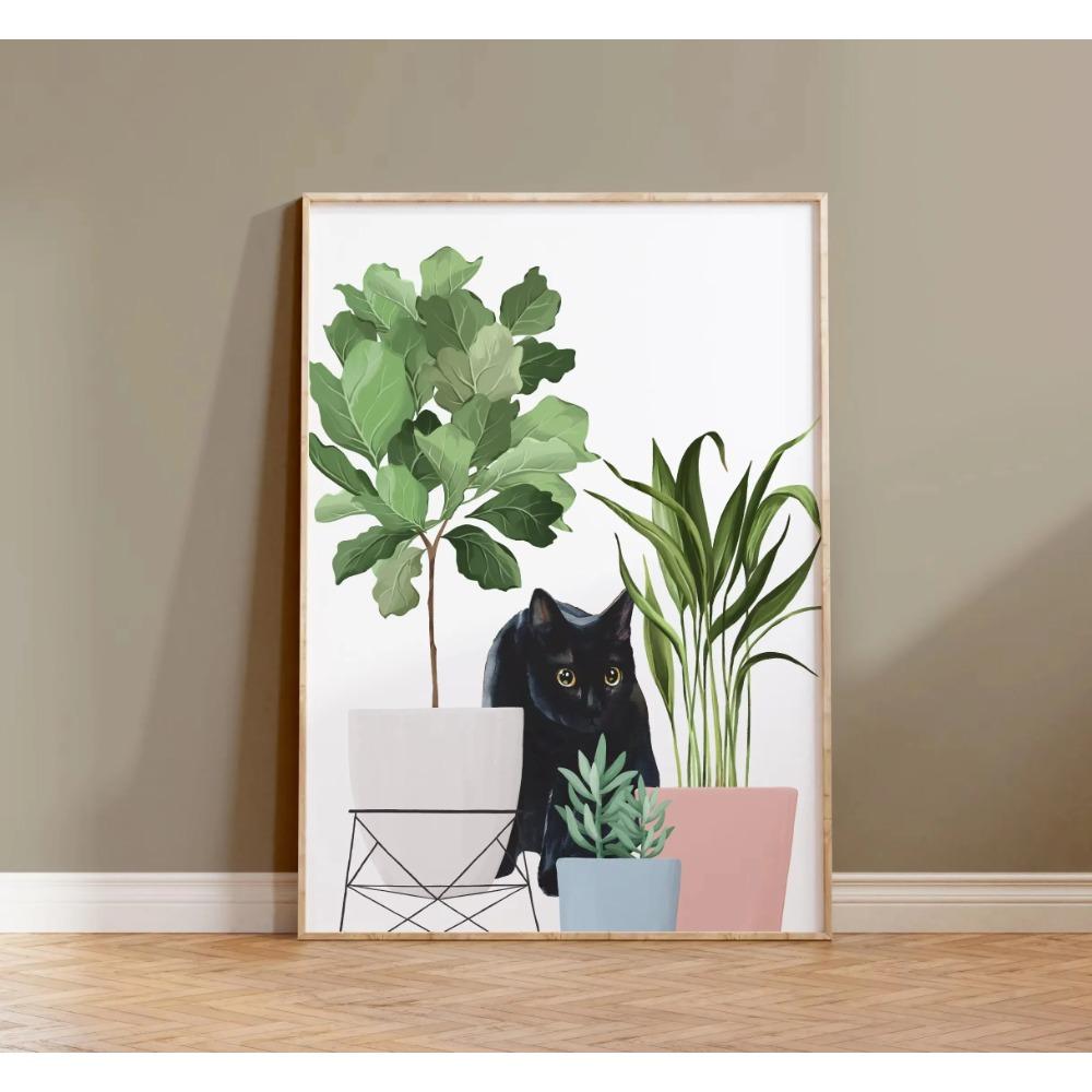 Watercolor Cute Kittens Potted Plant Canvas Print Cartoon Green Plants Animals Wall Art Postes for Modern Living Room Home Decor