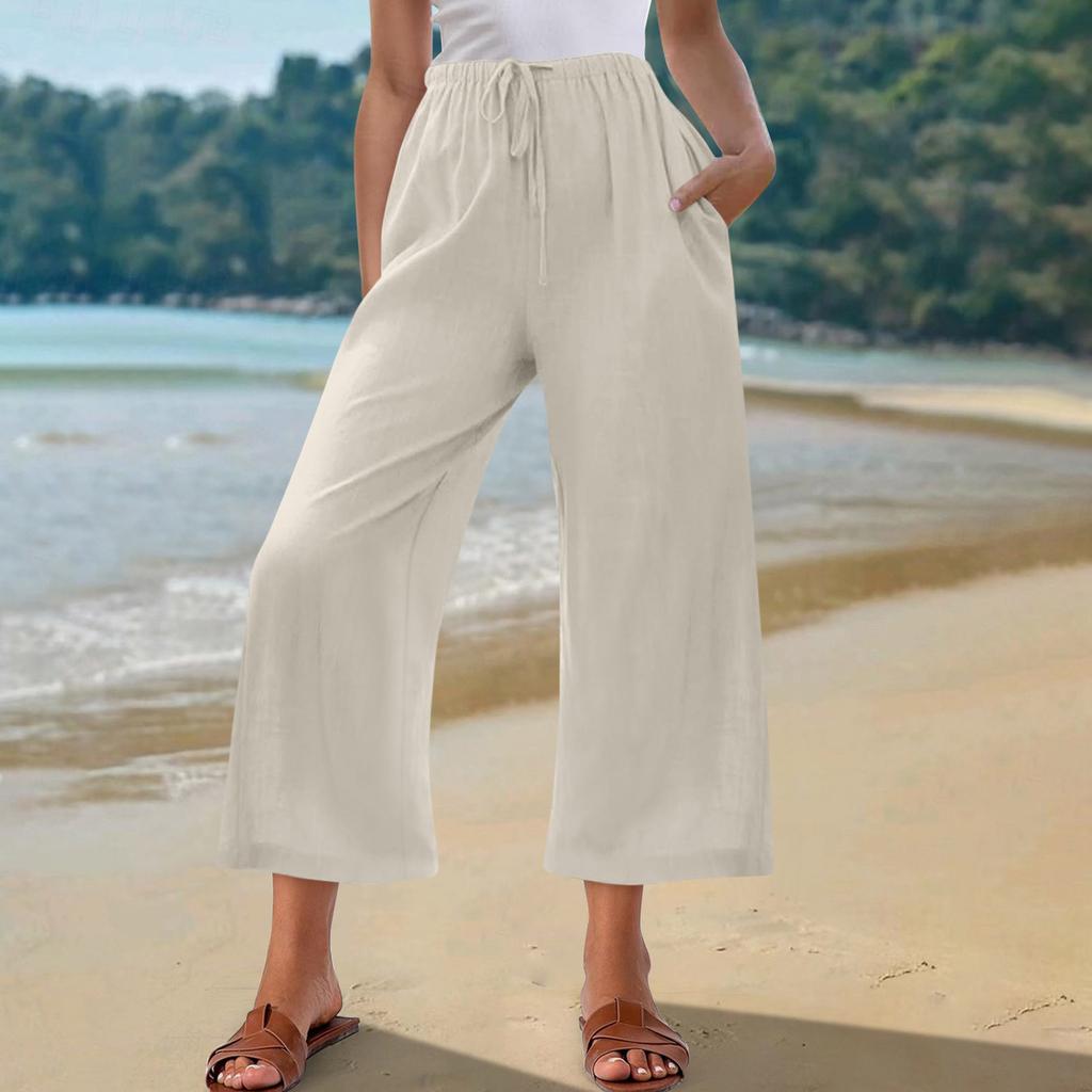 Capris Pants For Women Cotton Linen Casual Summer Straight Wide Leg Loose Drawstring Elastic Waist Cropped Trouser