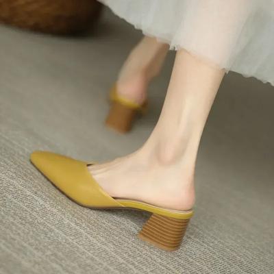 Summer Baotou Half Slippers Women Slip On Solid Color Square Toe Thick High Heel Mule Women's Shoes Zapatillas Mujer
