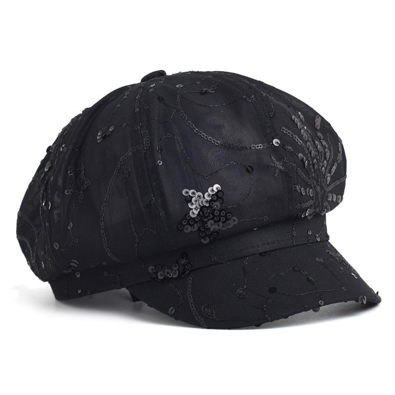 Women Sheer Mesh Newsboy Cap Star Sequin Embroidered Casual Octagonal Hat 56-58cm чёрный