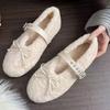 Fashion Women Plush Mary Jane's Shoes Girl Fashion White Sweet Bowknot Fur Pumps Autumn Winter Sheepskin Leather Luxury Flats