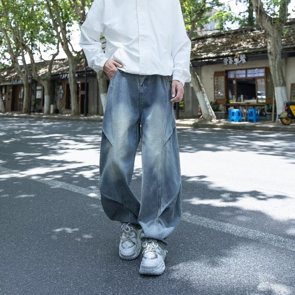 New retro washed old scimitar jeans men's loose straight casual wide-leg floor-mopping pants tide