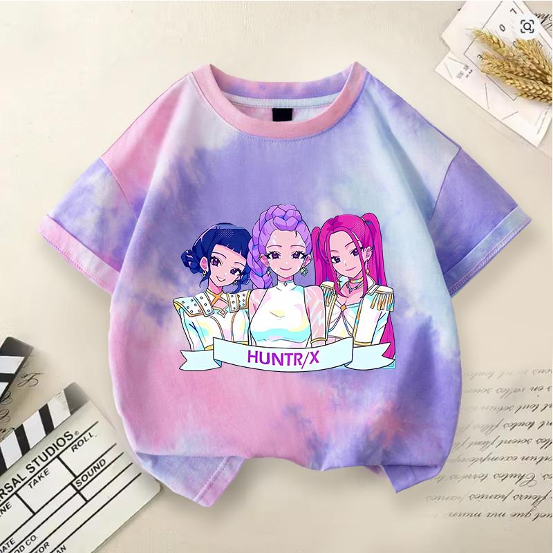 Haijian03 KPop Demon Hunters Tie-dye T-shirt voor Meisje Tops met Korte Mouwen Rumi Mira Zoey Print T-shirts Leuke Zomer Kinderkleding 100