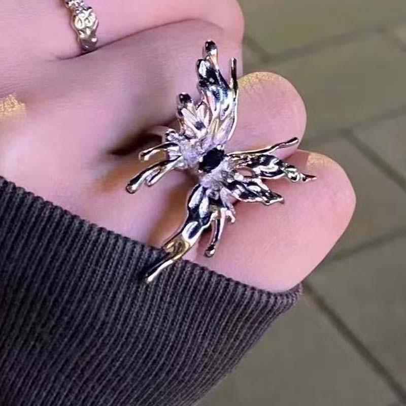 Exaggerated Liquid Butterfly Ring Female Personality Fashion Design Sense Open Ring Three-dimensional Hip Hop Punk Index Finger Ring Tide