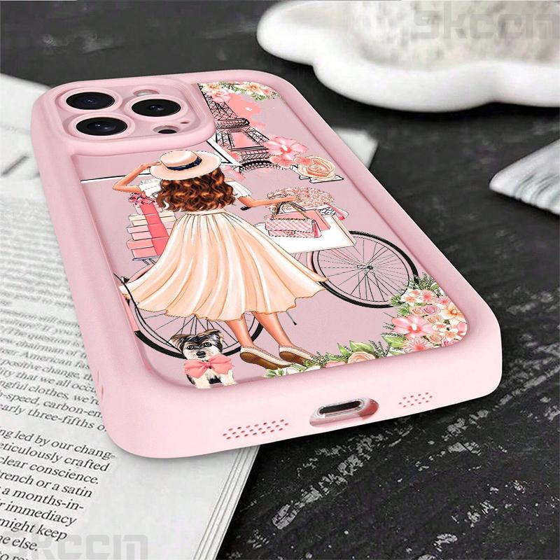 Pink Girl Flower Pattern Phone Case For iPhone 16 15 Pro Max 16E 14 13 12 11 XS X XR 7 8 Plus Shockproof Silicone Soft Cover