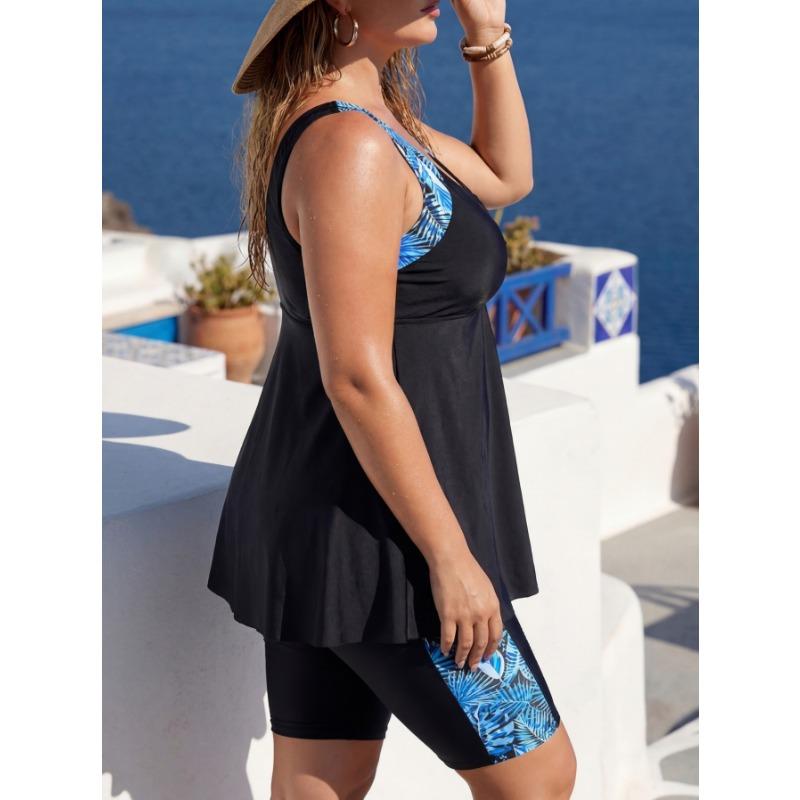 Women S Plus Size Printed Split Tankini Swimsuit Black Leaf Pattern