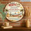 2D Flat, 1pc Round Aluminum Hanging Sign - "Finally Retired" German Retirement Beach Scene Metal Wall Art, Vintage Distressed Tropical Hammock & Palm