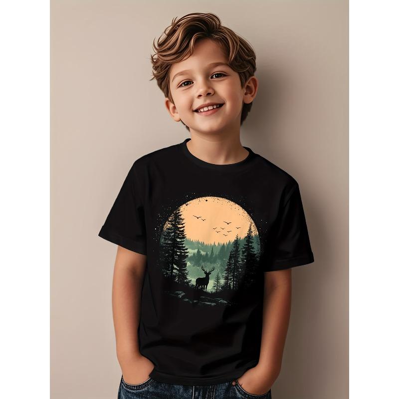 

European Size Childrens Round-neck Short-sleeved T-shirt with Wild Pattern Print 98cm чёрный