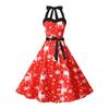 Fashion Style New Arrival Retro Hepburn Style Halterneck Christmas Print Shoelace Cinched Sleeveless Large Swing Dress Belt