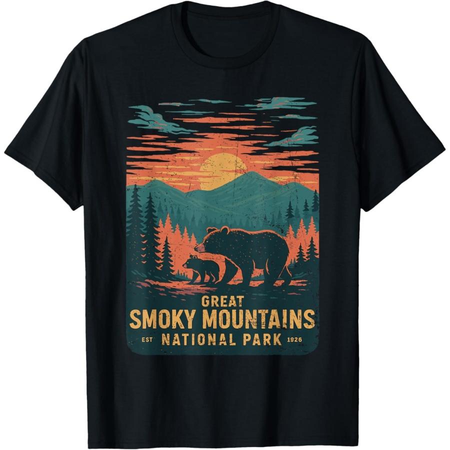 Great Smoky Mountains Bear Nature Retro Sunset T-Shirt S