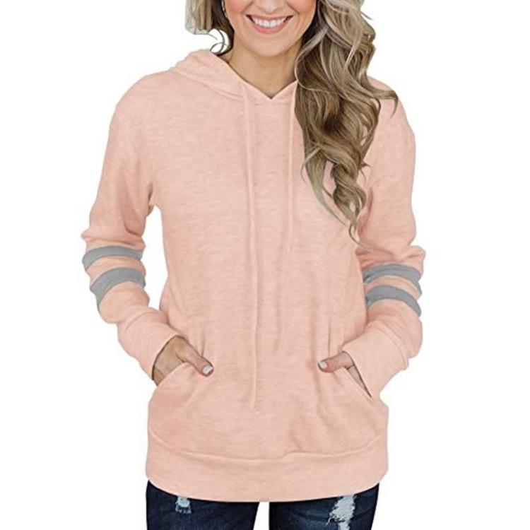 New Womens Autumn Winter Hoodie Loose Sweater Contrast Stripes Kangaroo Pocket