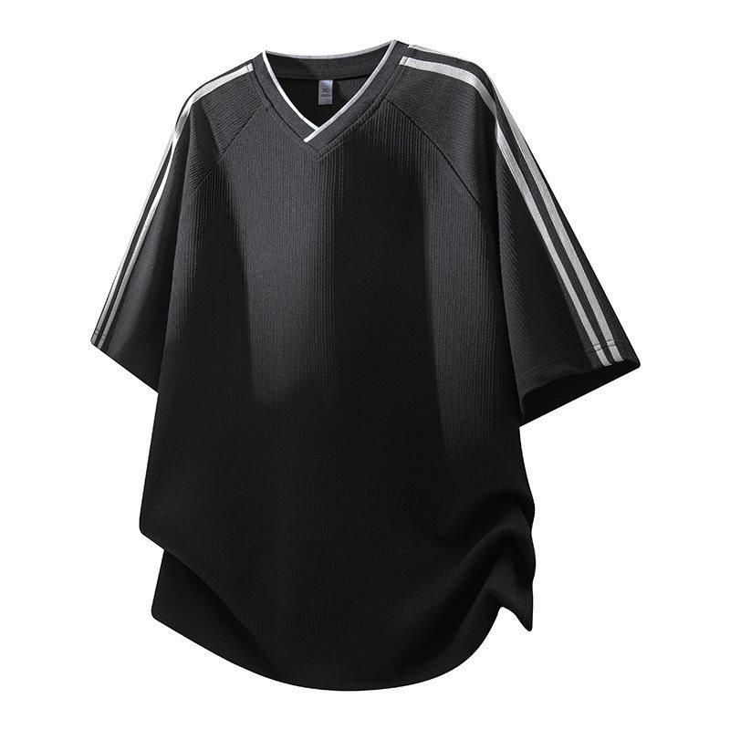 Men s Striped Patchwork V-Neck Short-Sleeve Casual T-Shirt Extra Large чёрный