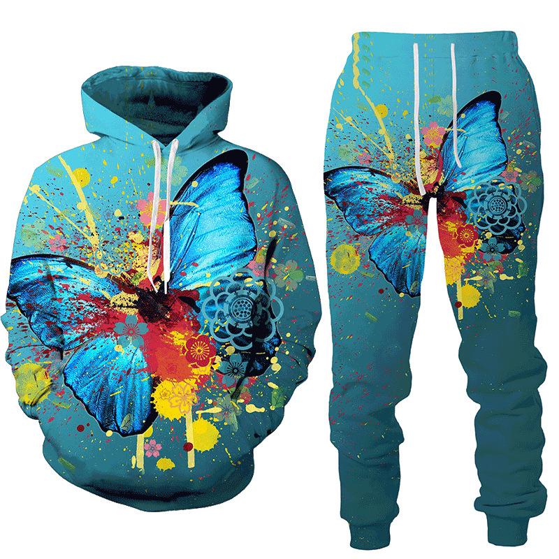 3D Butterfly Printed Men's 2-piece Outfits Casual Men Women Hooded Sweatshirt Suit Autumn Oversized Fashion Tracksuit Pants Sets