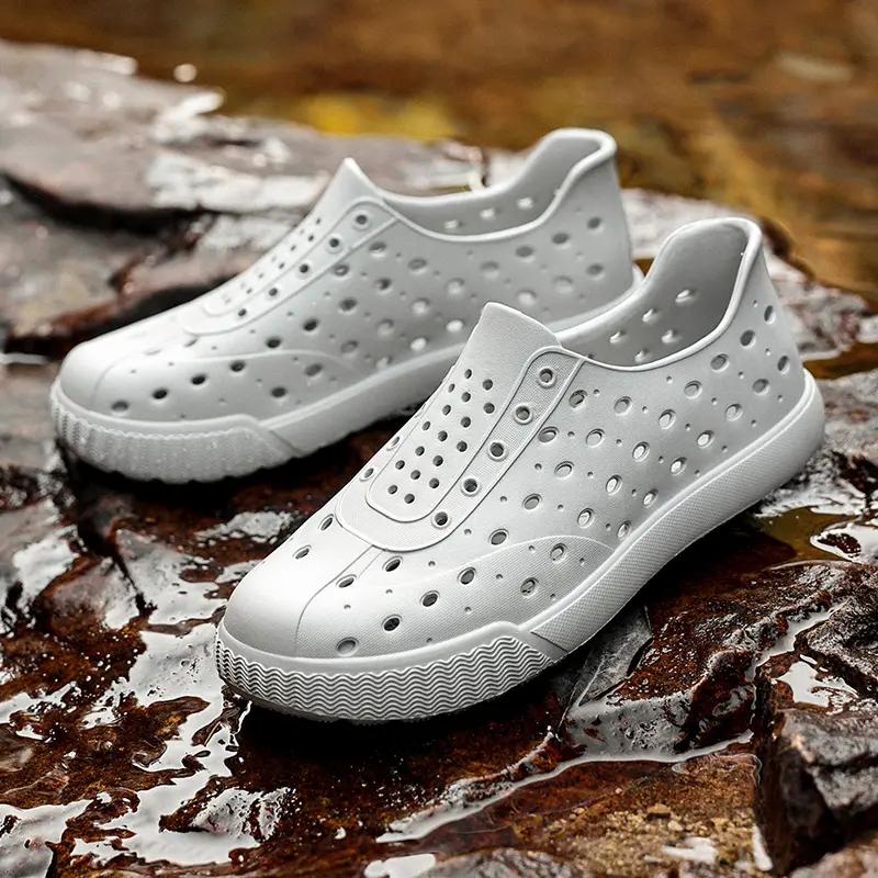 Matching Couple Perforated Sandals Waterproof & Breathable Slip-On Slides for Men and Women, Lightweight Flat Sole Outdoor Beach Shoes for Summer