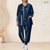 Women Plus Size Printed Dark Blue Nurse Scrub Set V Neck Long Sleeve Pockets Top Long Pants Two Piece