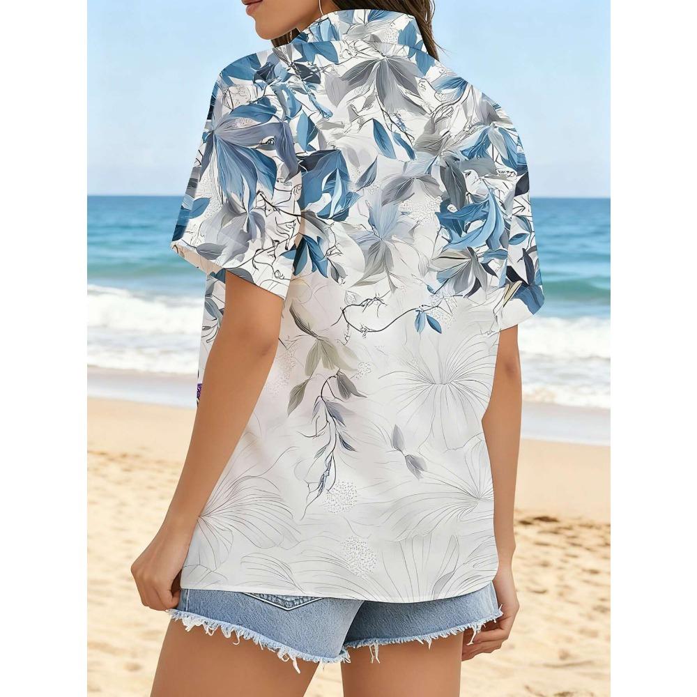 

Women s Short-Sleeve Button-Up Shirt - Blue Branch & Hummingbird Print Collar Blouse-Compatible Top S
