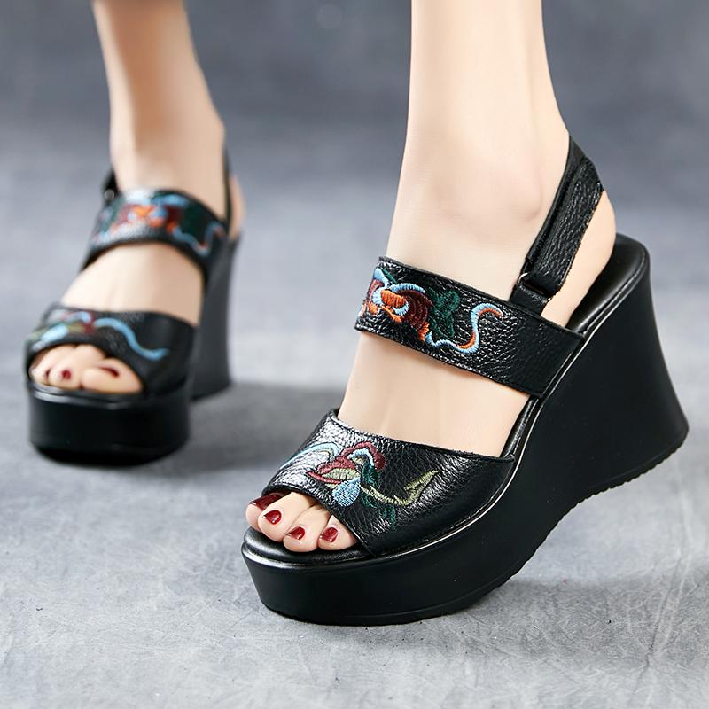 Fashion GKTINOO New Women Luxury Platform Wedge Sandals Cow Genuine Leather Summer Shoes Hollow Pumps Casual Breathable Leisure