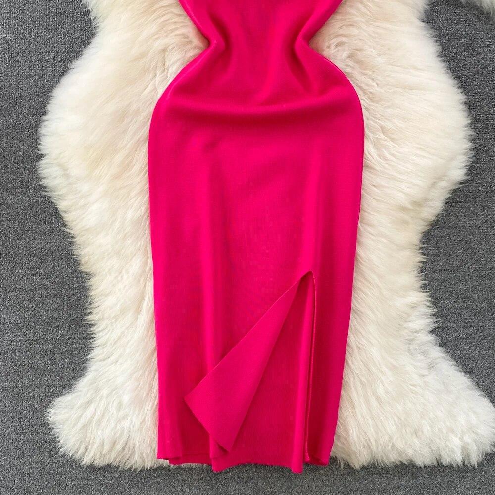 RUGOD France Sexy Knitted Club Dress Women Sleeveless Split Sundress Vintage Short Dress Feathers Montage Green Slim Dress