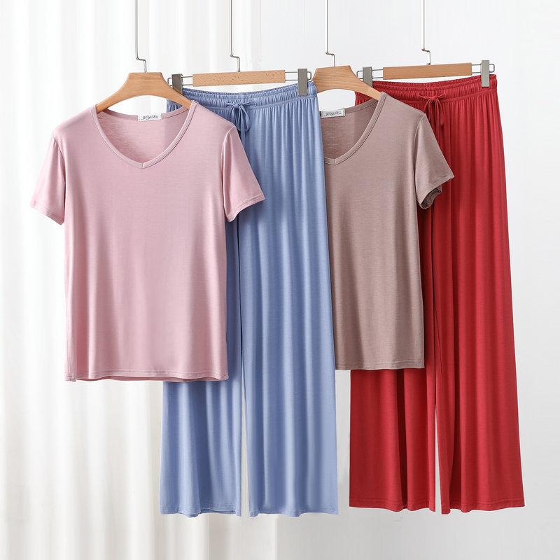 Modal Homewear 2pcs Pajamas Set Short Sleeve Tops and Trousers Solid Color Casual Loose Sleepwear Suit Plus Size Nightwear