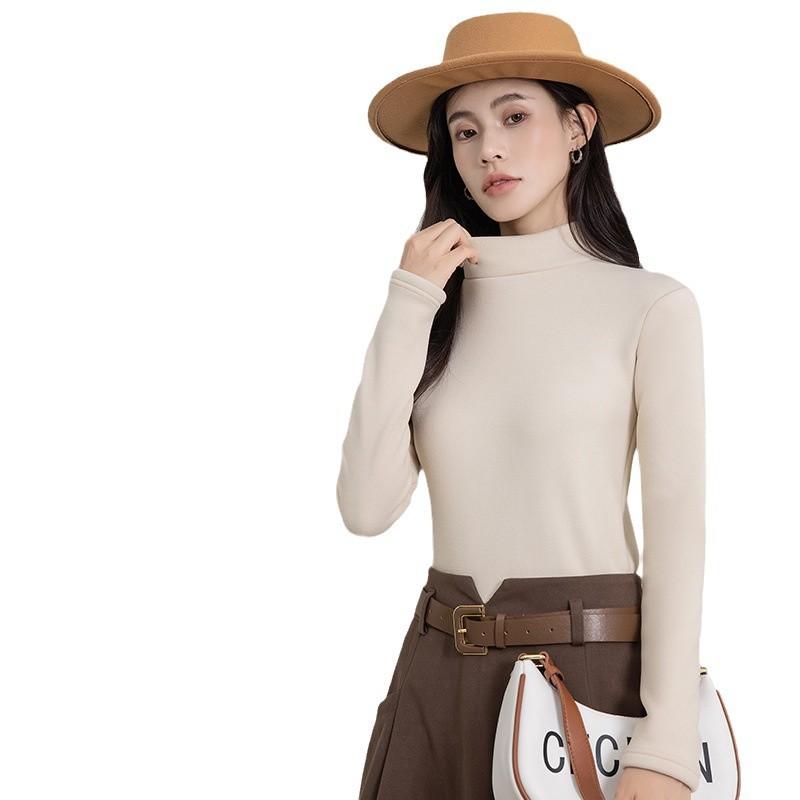 Camel Wool Base Layer Women Autumn Winter Outer Wear Fleece Lined Long Sleeve Top Semi High Neck Knit Sweater Versatile Style