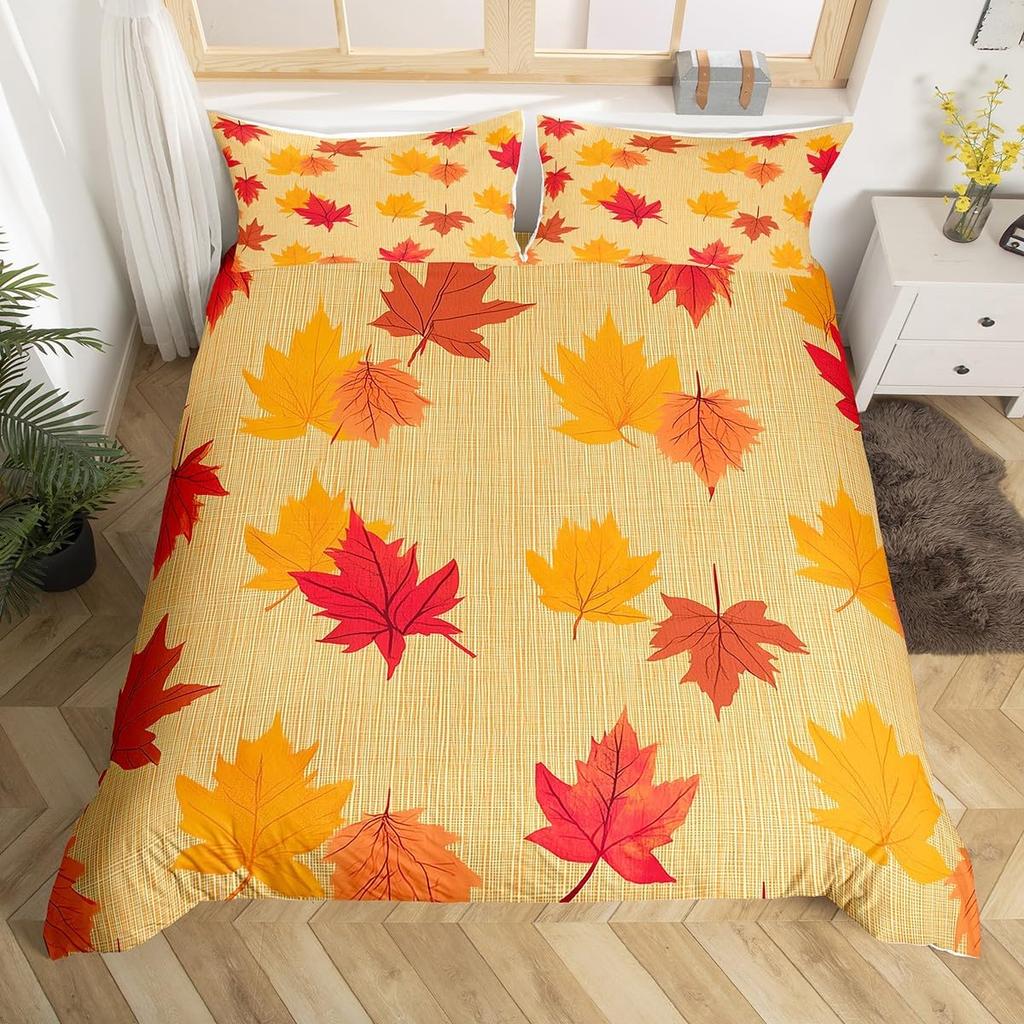Maple Leaf Duvet Cover Queen Autumn Leaves Bedding Set Old Wooden Plank Vintage Comforter Cover for Boys Adults Room/Cabin Decor