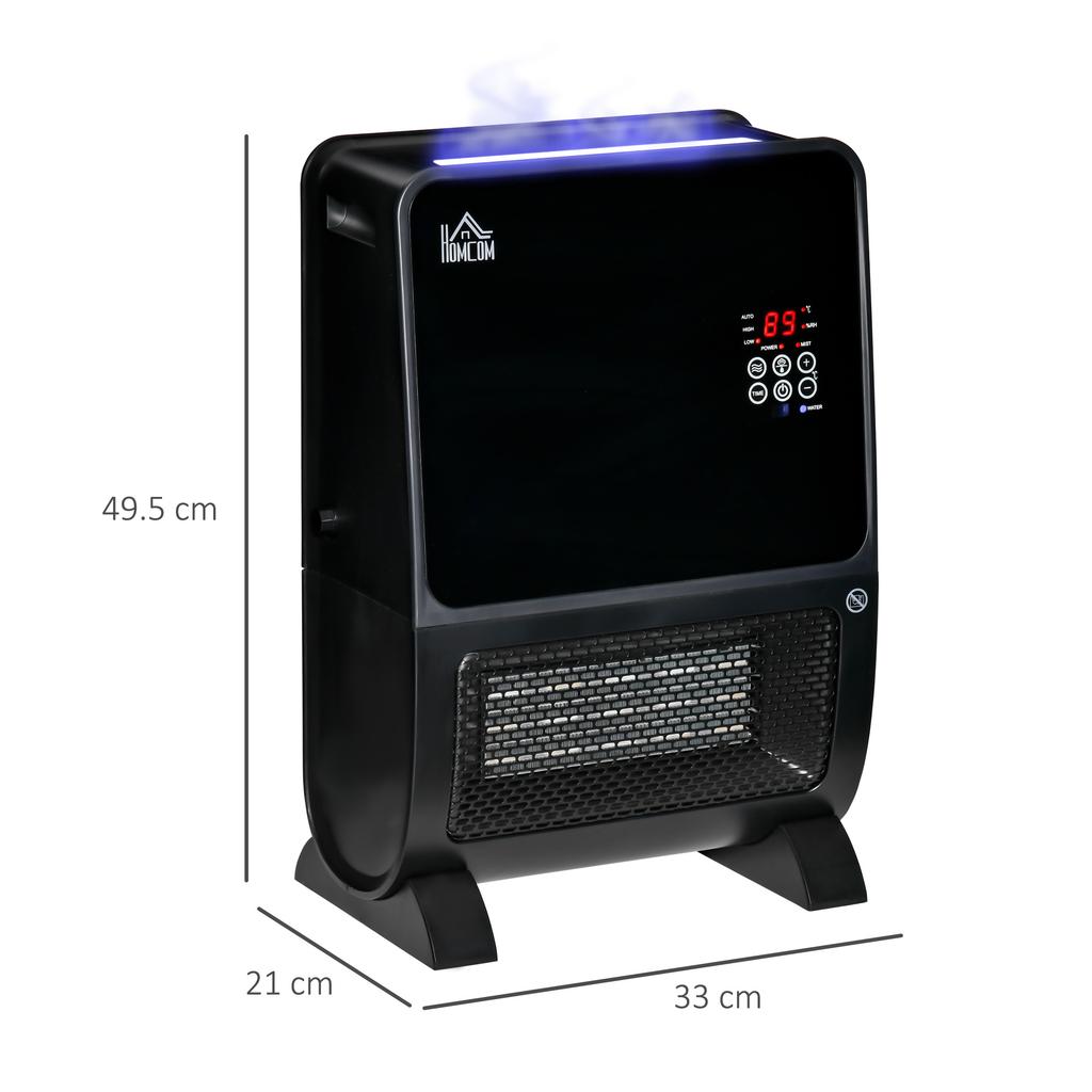 2-in-1 Electric Heater with Humidifier, 3-Color LED Light, Timer and Remote Control, 33x21x49.5 Cm, Black