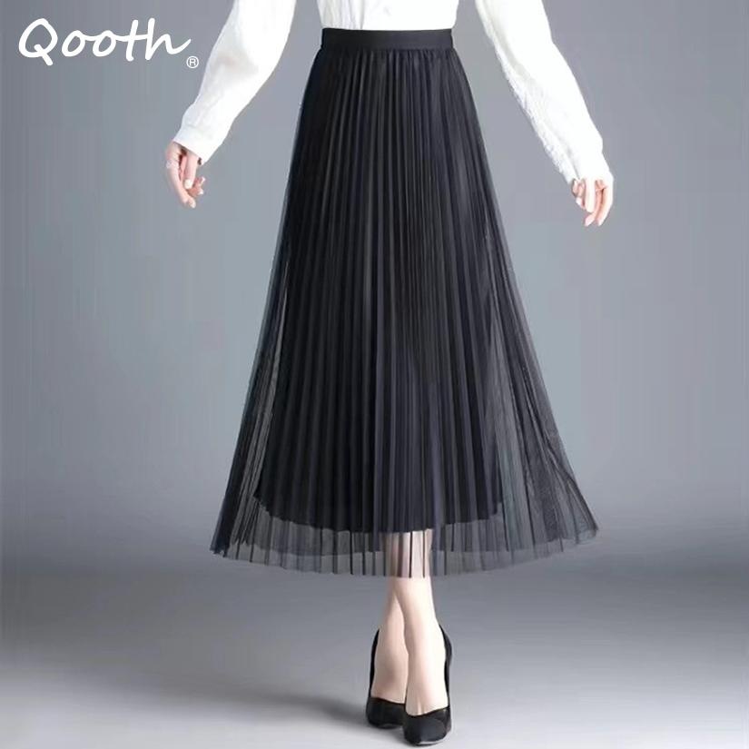 Qooth Summer Autumn Tulle Calf Length Pleated Skirts Simple Casual Slimming A Line Skirt for Women QT2586