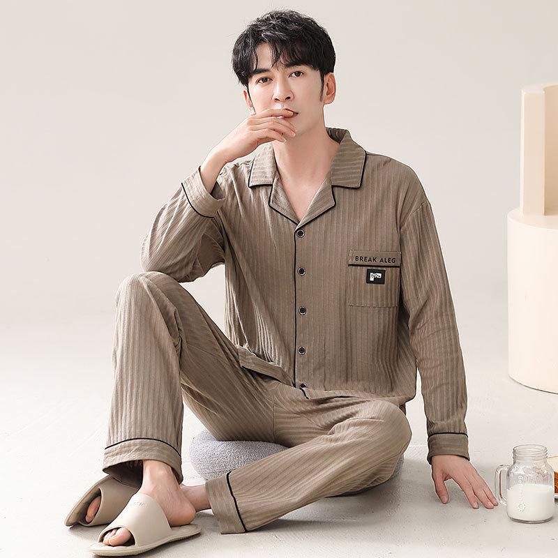 Pajamas Men'S Spring And Autumn Cotton Long Sleeve Autumn Cotton Cardigan Casual Suit Autumn Loungewear