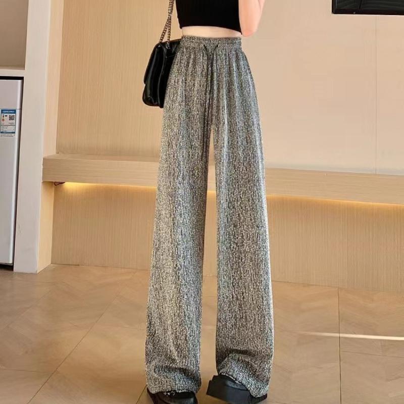 Women's Spring/Summer High-Waisted Wide-Leg Pants with Heavy Embellishments Lurex Threads Sparkling Stylish Loose Drapey Straight-Leg Casual Trousers