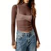 Women Sheer Mesh Polka Dot Long Sleeve Top Slim Fit Semi High Neck Stretchy Transparent T-Shirt Layering Base Shirt