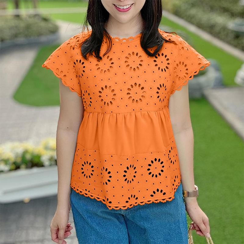 ZANZEA Women Summer Round Neck Short Sleeve Hollow Blouse