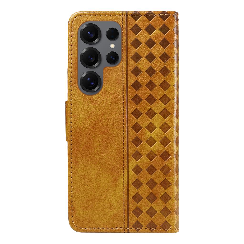 For Samsung Galaxy S25 Ultra Leather Case Wallet Stand Grids Imprinted Phone Cover with Strap