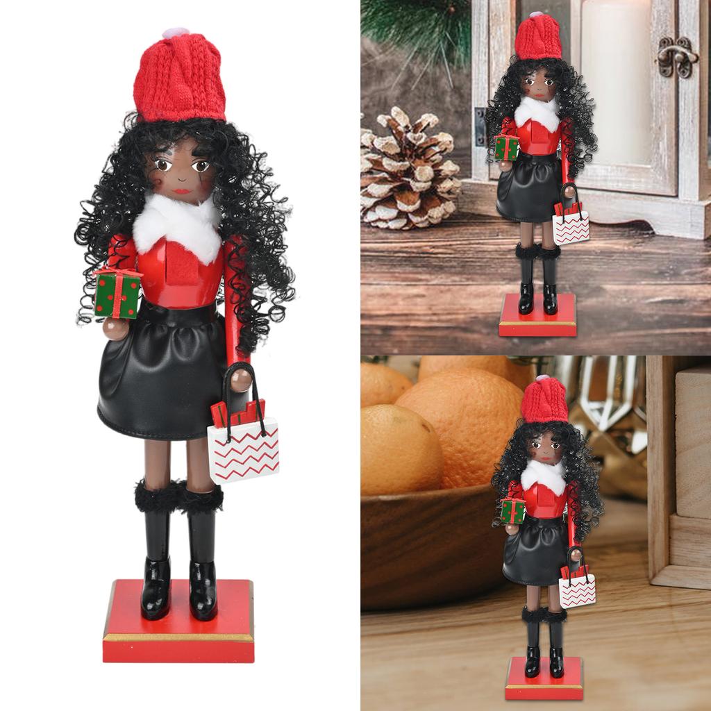 Christmas Shopping Lady Nutcrackers with Curly Hair Wood Figurine Decoration Ornament for Festival Home Tabletop Decors
